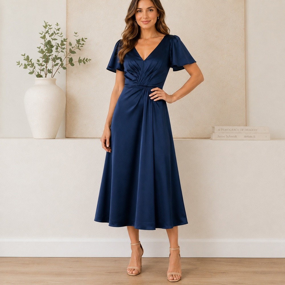 Azazie Maxi Dress Sz A4 Navy Blue Flutter Sleeve Satin V-Neck Formal Bridesmaid